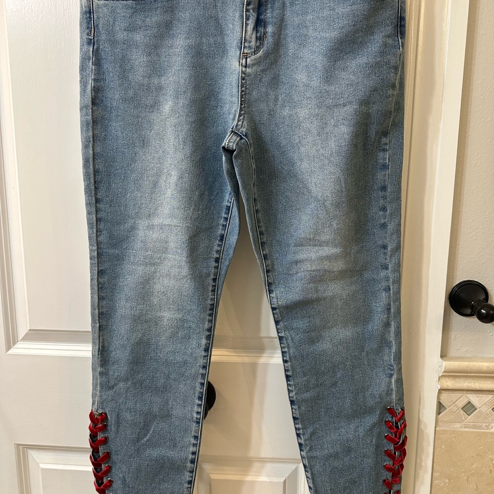 Velvet Heart Blue and Red Skinny Jeans with Plaid Hem